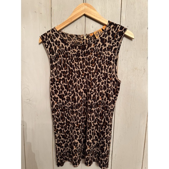 TORY BURCH LEOPARD Sleeveless Sweater Lightweight Wool W/ GOLD LOGO PULL Sz-Lg - Picture 2 of 10